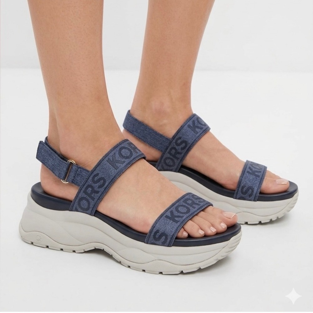 Michael Kors LS25C Women Denim Blue Logo Platform Sporty Slingback Sandals 9M
